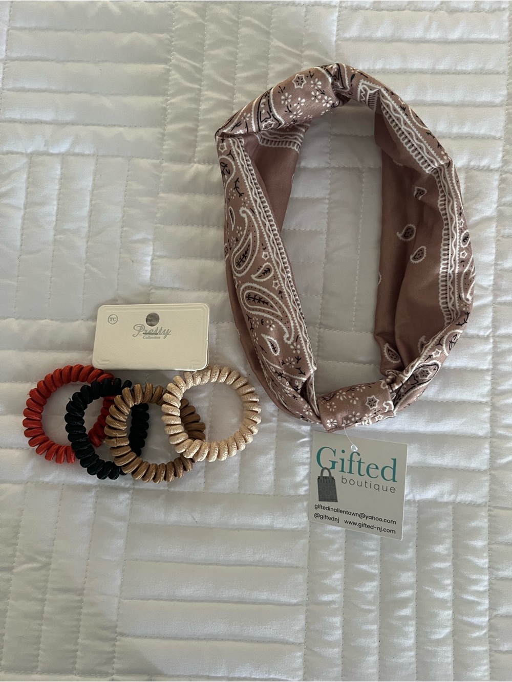 Taupe Paisley Twist Headband with Burnt Orange Black, Tan & Cream Coil Ties. NWT